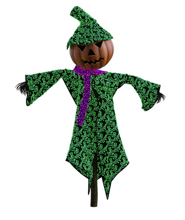 3d illustration of a pumpkin scarecrow with hat and stylized outfitの写真素材