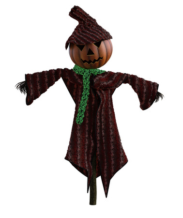 3d illustration of a pumpkin scarecrow with hat and stylized outfitの写真素材