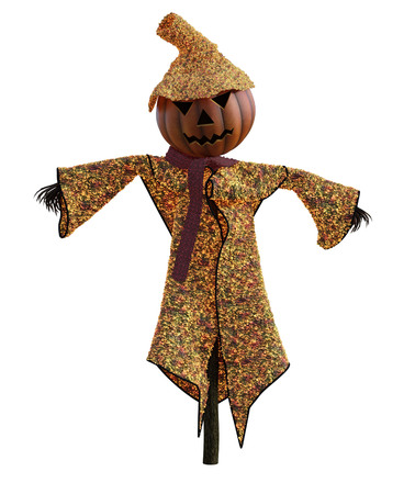 3d illustration of a pumpkin scarecrow with hat and stylized outfitの写真素材