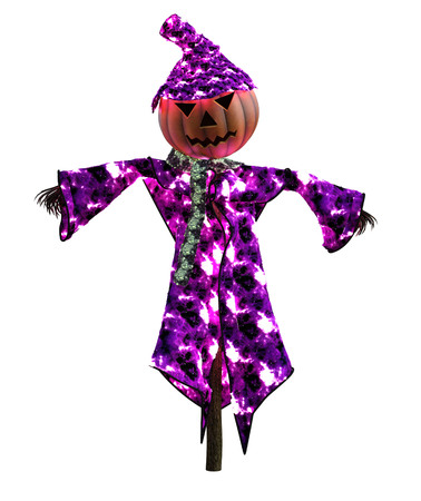 3d illustration of a pumpkin scarecrow with hat and stylized outfitの写真素材