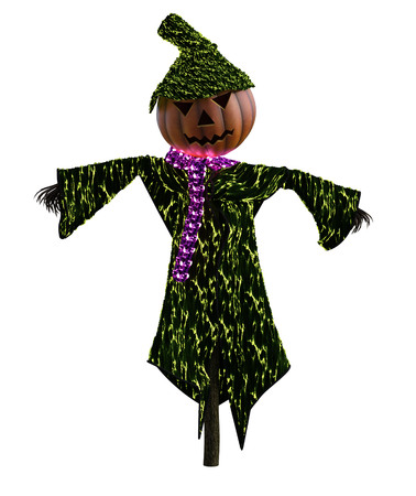 3d illustration of a pumpkin scarecrow with hat and stylized outfitの写真素材