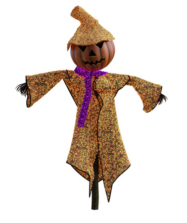 3d illustration of a pumpkin scarecrow with hat and stylized outfitの写真素材