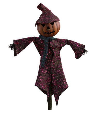 3d illustration of a pumpkin scarecrow with hat and stylized outfitの写真素材