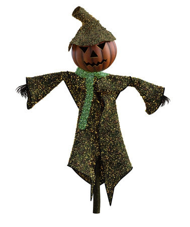 3d illustration of a pumpkin scarecrow with hat and stylized outfitの写真素材