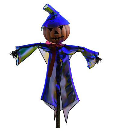 3d illustration of a pumpkin scarecrow with hat and stylized outfitの写真素材