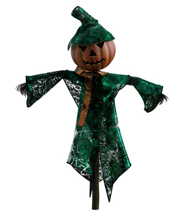 3d illustration of a pumpkin scarecrow with hat and stylized outfitの写真素材