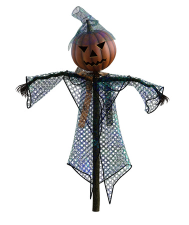3d illustration of a pumpkin scarecrow with hat and stylized outfitの写真素材