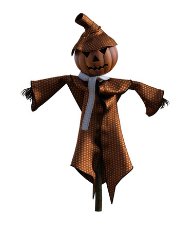 3d illustration of a pumpkin scarecrow with hat and stylized outfitの写真素材