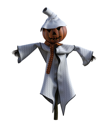 3d illustration of a pumpkin scarecrow with hat and stylized outfitの写真素材