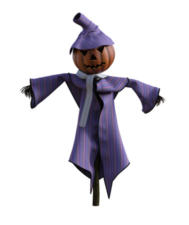 3d illustration of a pumpkin scarecrow with hat and stylized outfitの写真素材