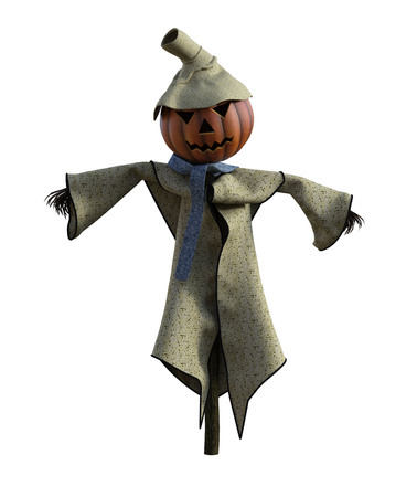 3d illustration of a pumpkin scarecrow with hat and stylized outfitの写真素材