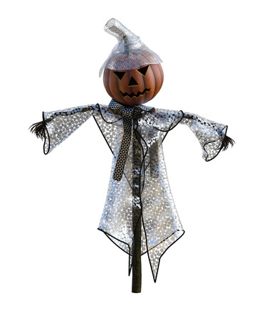 3d illustration of a pumpkin scarecrow with hat and stylized outfitの写真素材