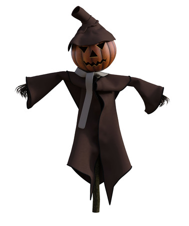 3d illustration of a pumpkin scarecrow with hat and stylized outfitの写真素材
