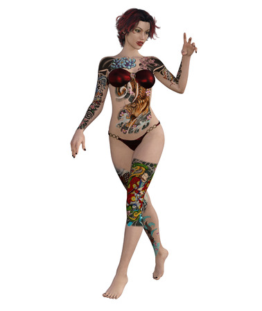 3d illustration of a sexy tattooed womanの写真素材