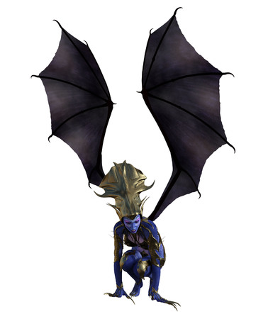 3D illustration of female devil with wings and blue skinの写真素材