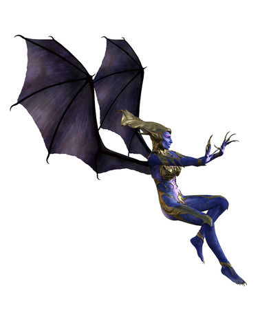 3D illustration of female devil with wings and blue skinの写真素材