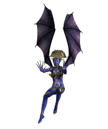 3D illustration of female devil with wings and blue skinの写真素材