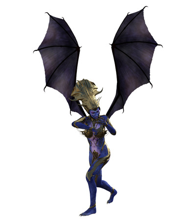 3D illustration of female devil with wings and blue skinの写真素材