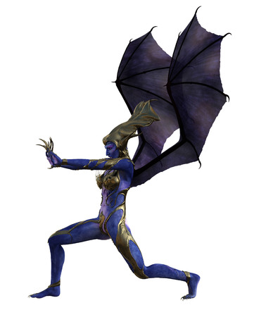 3D illustration of a female devil with wings and blue skinの写真素材