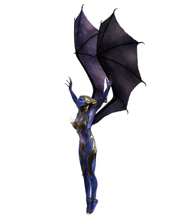 3D illustration of a female devil with wings and blue skinの写真素材