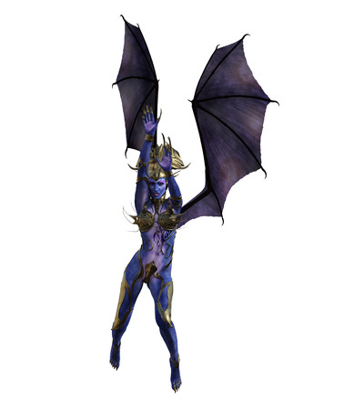 3D illustration of a female devil with wings and blue skinの写真素材