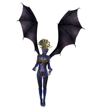 3D illustration of a female devil with wings and blue skinの写真素材