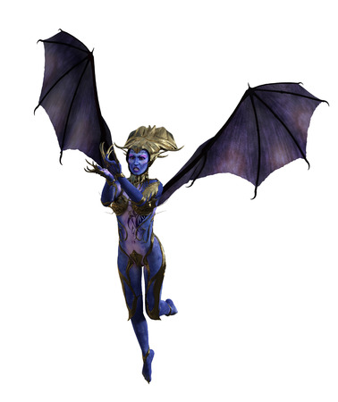 3D illustration of a female devil with wings and blue skinの写真素材