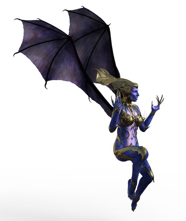 3D illustration of a female devil with wings and blue skinの写真素材