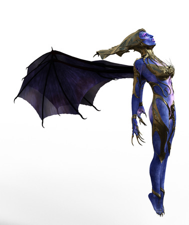 3D illustration of a female devil with wings and blue skinの写真素材
