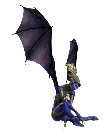 3D illustration of a female devil with wings and blue skinの写真素材