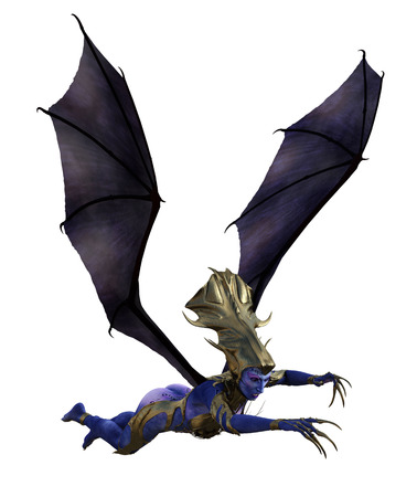 3D illustration of a female devil with wings and blue skinの写真素材