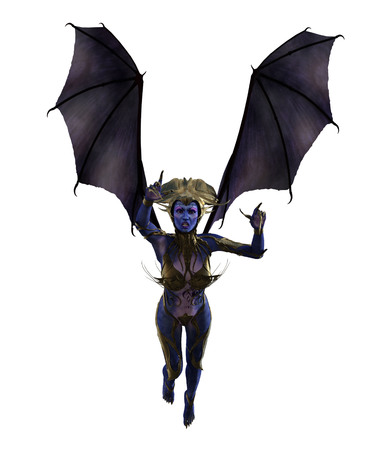 3D illustration of a female devil with wings and blue skinの写真素材