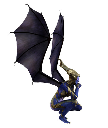 3D illustration of a female devil with wings and blue skinの写真素材