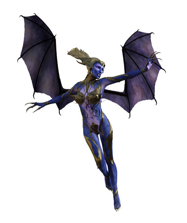 3D illustration of a female devil with wings and blue skinの写真素材