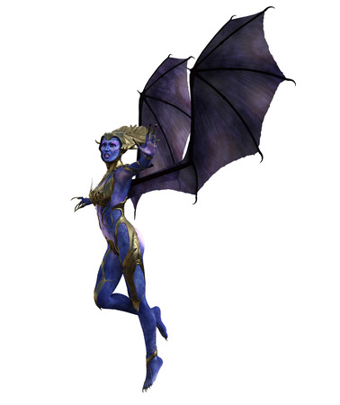 3D illustration of a female devil with wings and blue skinの写真素材
