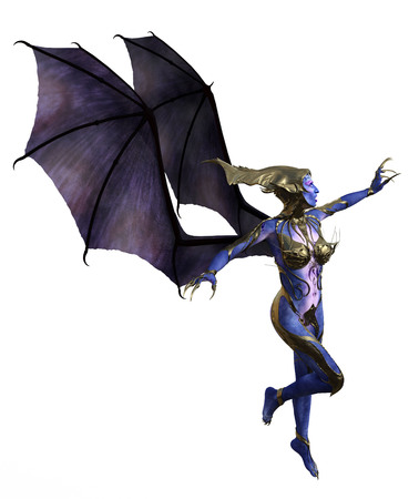 3D illustration of a female devil with wings and blue skinの写真素材