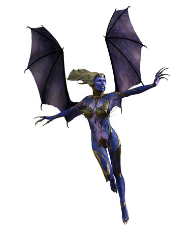 3D illustration of a female devil with wings and blue skinの写真素材