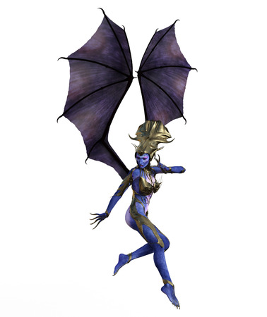 3D illustration of a female devil with wings and blue skinの写真素材
