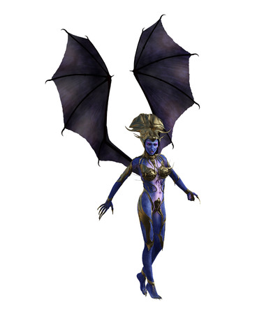 3D illustration of a female devil with wings and blue skinの写真素材