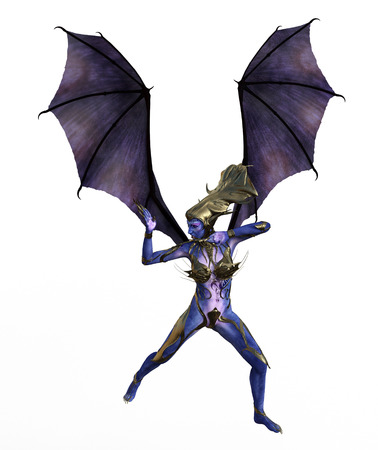 3D illustration of a female devil with wings and blue skinの写真素材