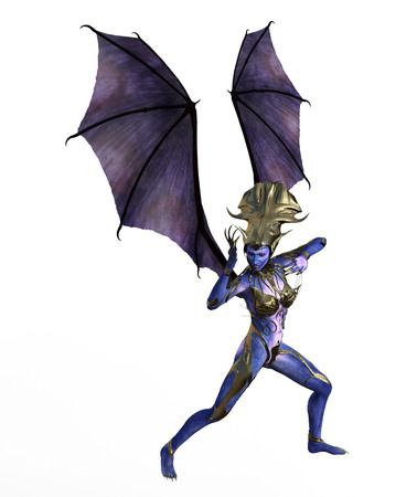 3D illustration of a female devil with wings and blue skinの写真素材