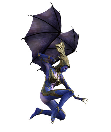 3D illustration of a female devil with wings and blue skinの写真素材