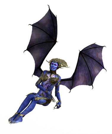 3D illustration of a female devil with wings and blue skinの写真素材
