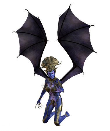 3D illustration of a female devil with wings and blue skinの写真素材