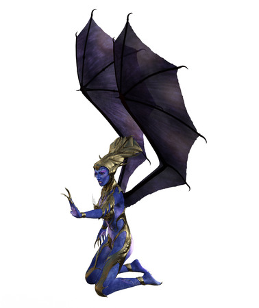 3D illustration of a female devil with wings and blue skinの写真素材
