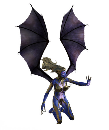 3D illustration of a female devil with wings and blue skinの写真素材