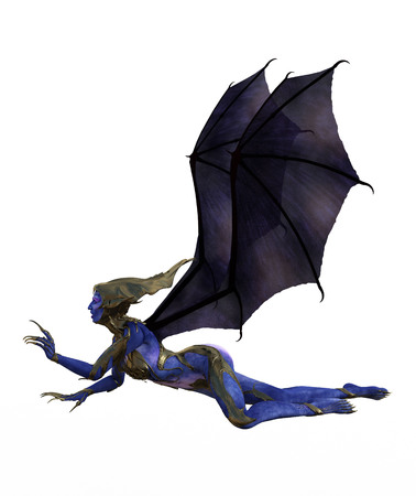 3D illustration of a female devil with wings and blue skinの写真素材
