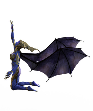 3D illustration of a female devil with wings and blue skinの写真素材