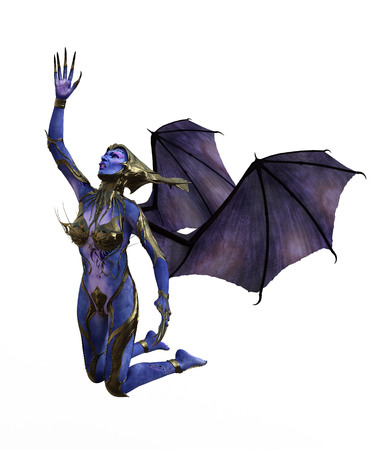 3D illustration of a female devil with wings and blue skinの写真素材