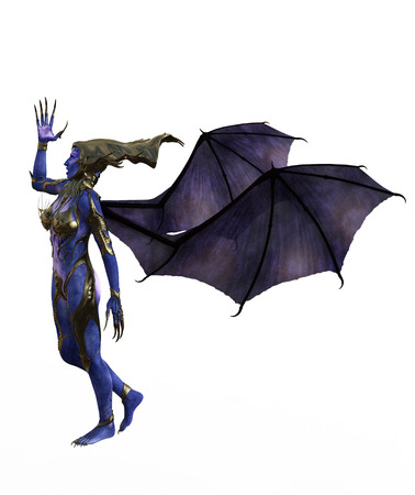 3D illustration of a female devil with wings and blue skinの写真素材